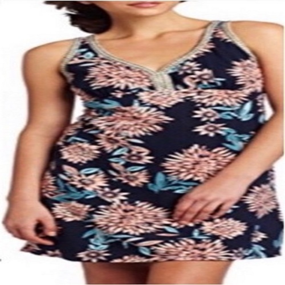Lucky Brand Women's Blue Pink Floral Slip On Crochet Trim Tank Shift Dress XS